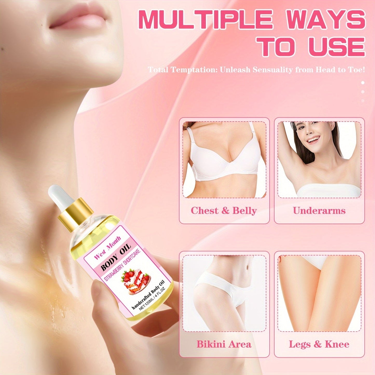 120ml/4.05 Fl.Oz, Body Juice Strawberry Shortcake Scented Massage Oil, With Strawberry Extract, Jojoba, Coconut, Avocado & Olive Oils, Hydrating Body Oil luvshop24