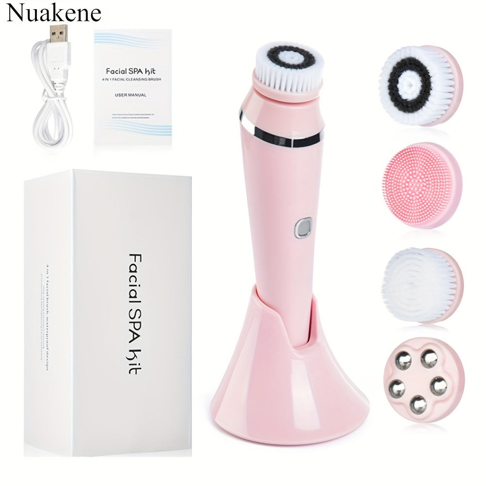 Nuakene 4-in-1 Rechargeable Electric Facial Cleansing Brush - Soft Bristle Brush, Silicone Facial Cleaner, Facial Massager, Rotating Base, Gentle Exfoliator, Deep Cleaning, Holiday Gift for Women luvshop24