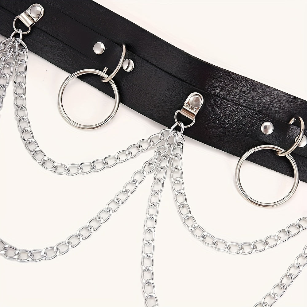 1pc Black PU Leather Chain Ring Decor Gothic Restraints Waist Belt, Punk Adjustable Nightclub Accessories Belt, Sexy Lingerie & Erotic Accessories luvshop24