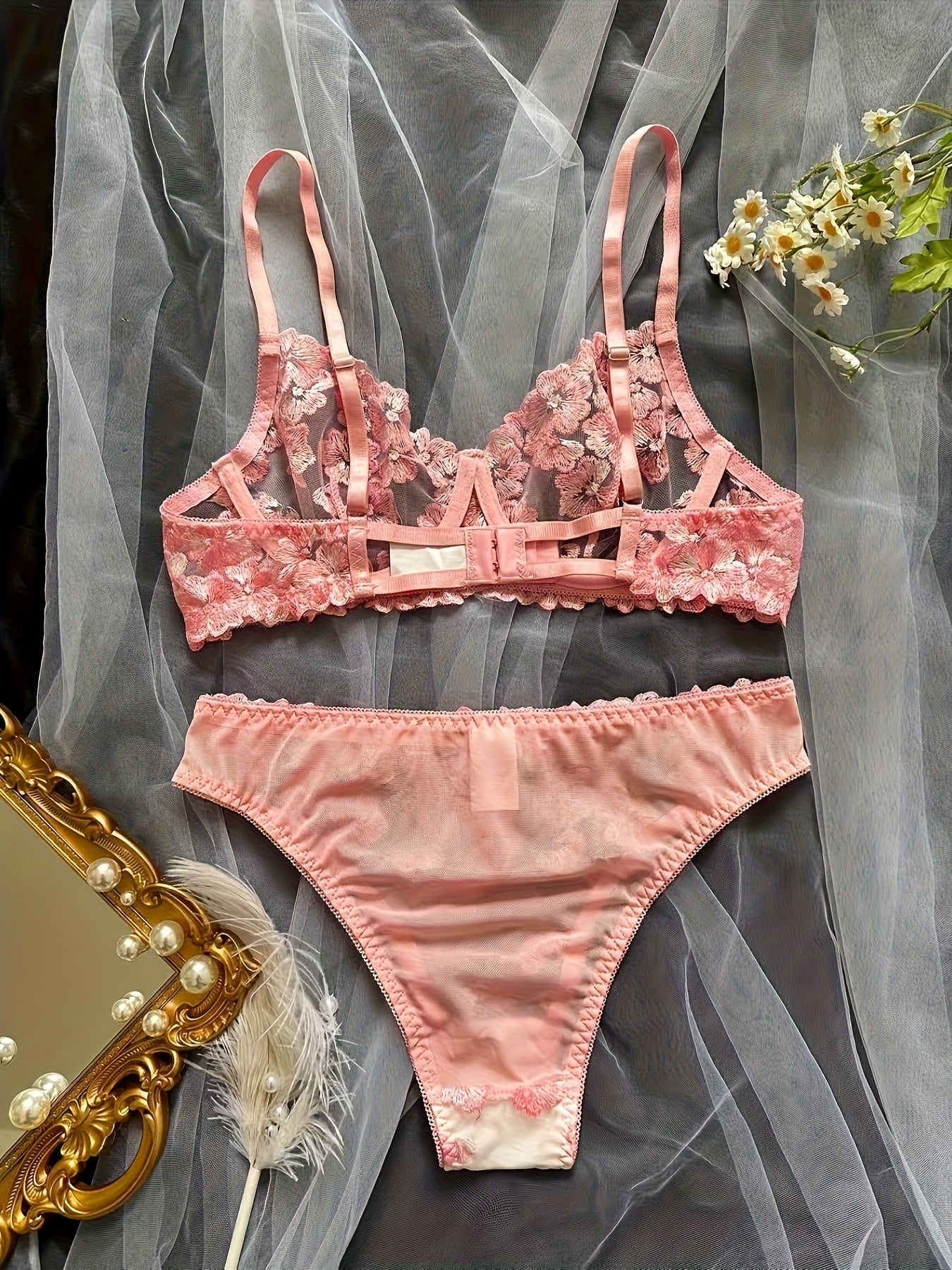 2pcs Sexy Lingerie Autumn Hot Selling French Flower Embroidery Perspective Multi-color Erotic Suit for Women luvshop24
