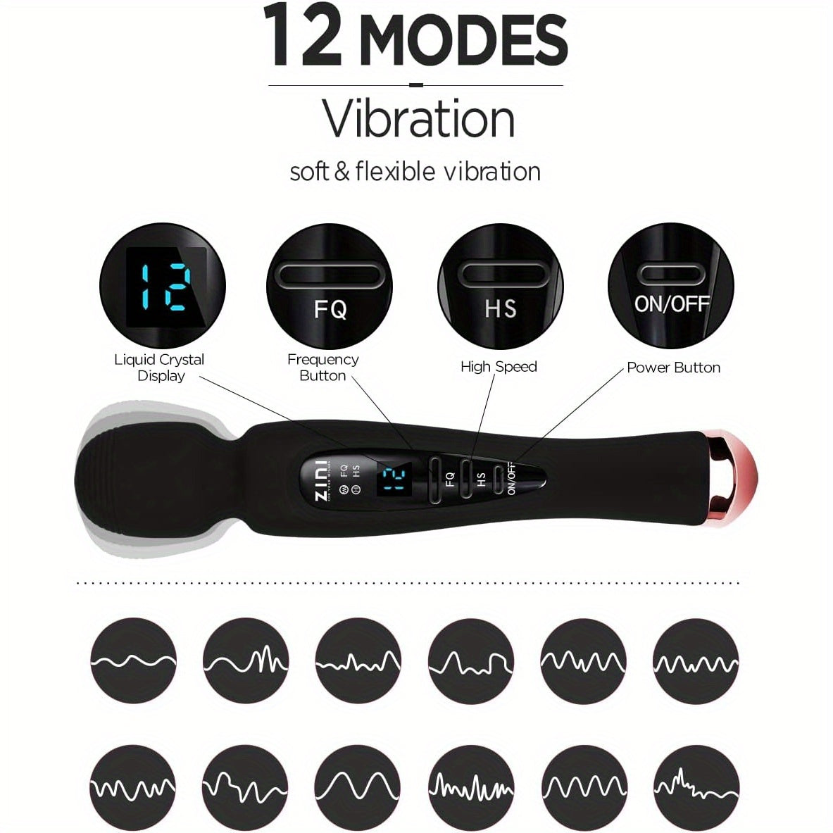 Rechargeable Personal Massager, 12 Patterns Massager, Personal Massager for Women, Quiet & Waterproof Massager for Women, Digital Display Wand Massager for Neck, Back Pain Relief - Black luvshop24
