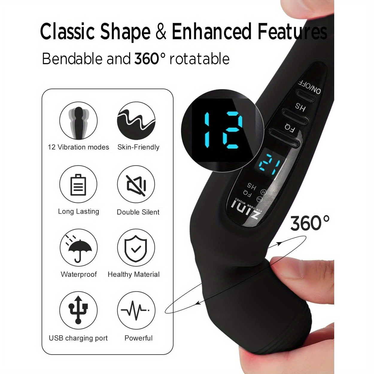 Rechargeable Personal Massager, 12 Patterns Massager, Personal Massager for Women, Quiet & Waterproof Massager for Women, Digital Display Wand Massager for Neck, Back Pain Relief - Black luvshop24