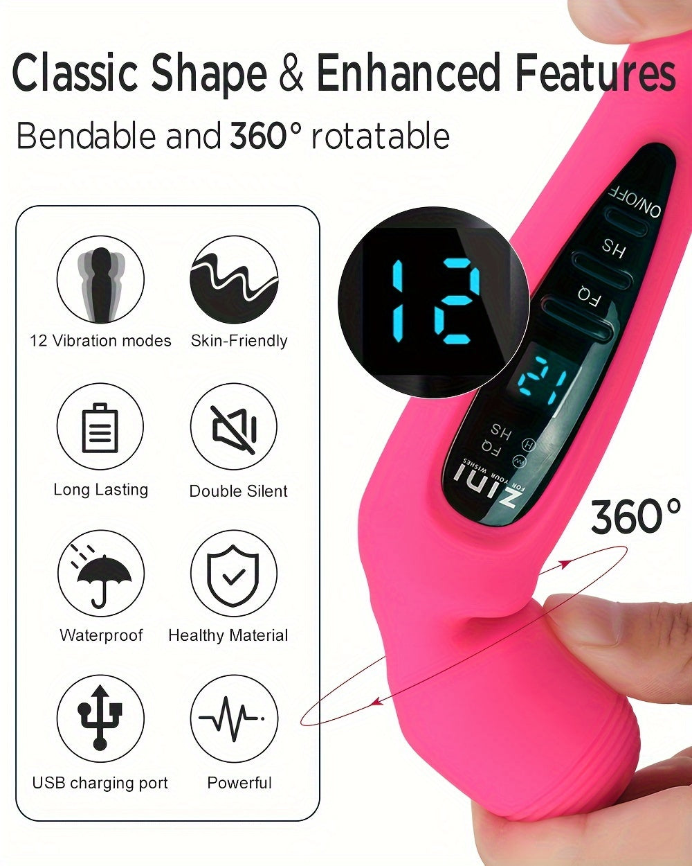 Rechargeable Personal Massager, 12 Patterns Massager, Personal Massager for Women, Quiet & Waterproof Massager for Women, Digital Display Wand Massager for Neck, Back Pain Relief - Black luvshop24