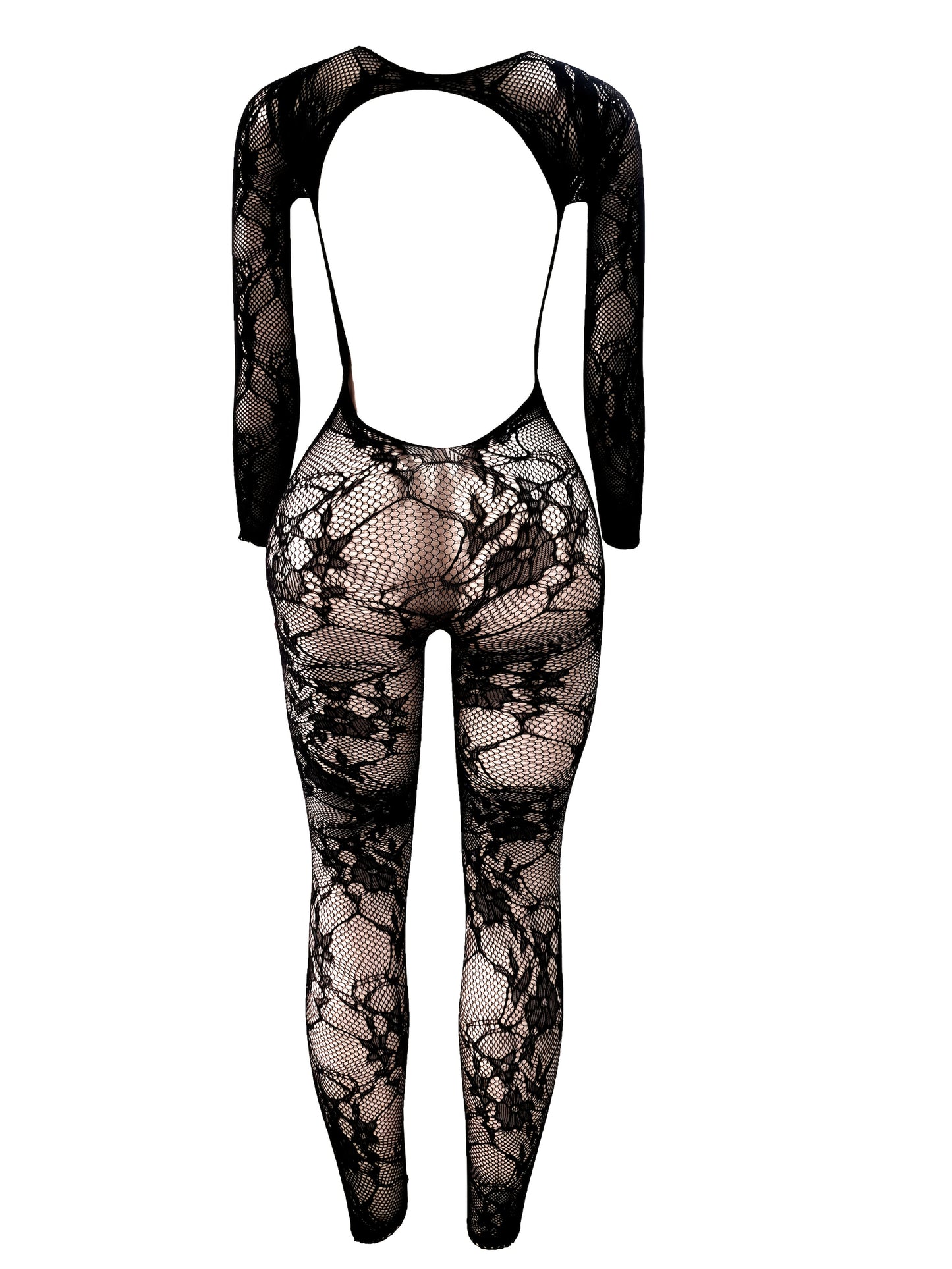 1pc Women'S Sexy Long Sleeve See-Through Bodystocking Jumpsuit - Black Hollow Out Design, Open Crotch Body Stocking for Music Festivals, Christmas & Valentine'S Day Parties, Party Wear|Sexy Jumpsuit|See-Through Bodystocking luvshop24