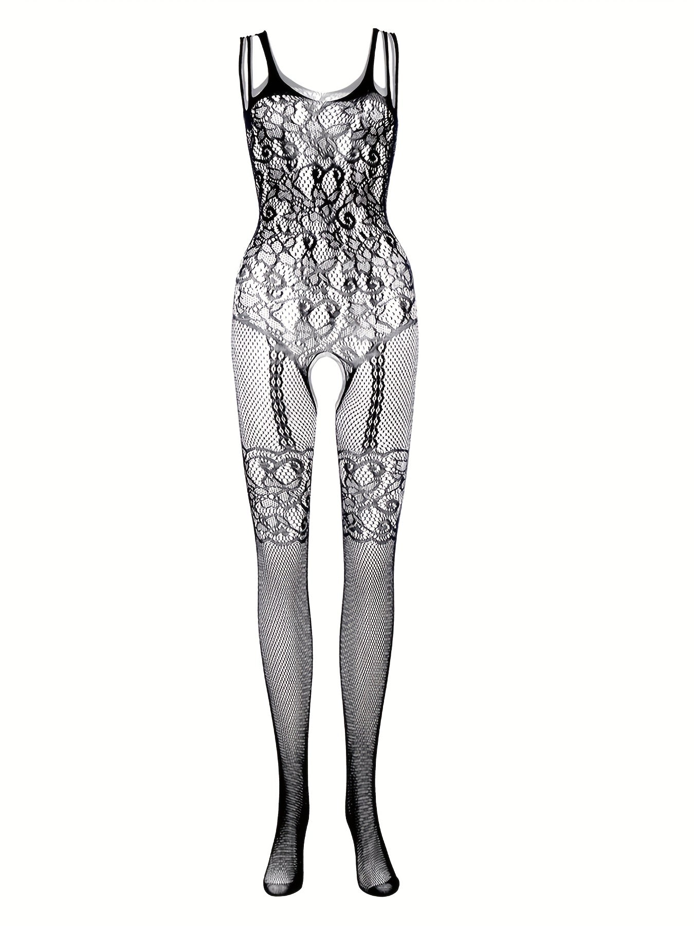 Jacquard Fishnet Bodystocking, Erotic Cut Out Sleeveless Open Crotch Bodystocking, Women's Sexy Lingerie & Underwear luvshop24