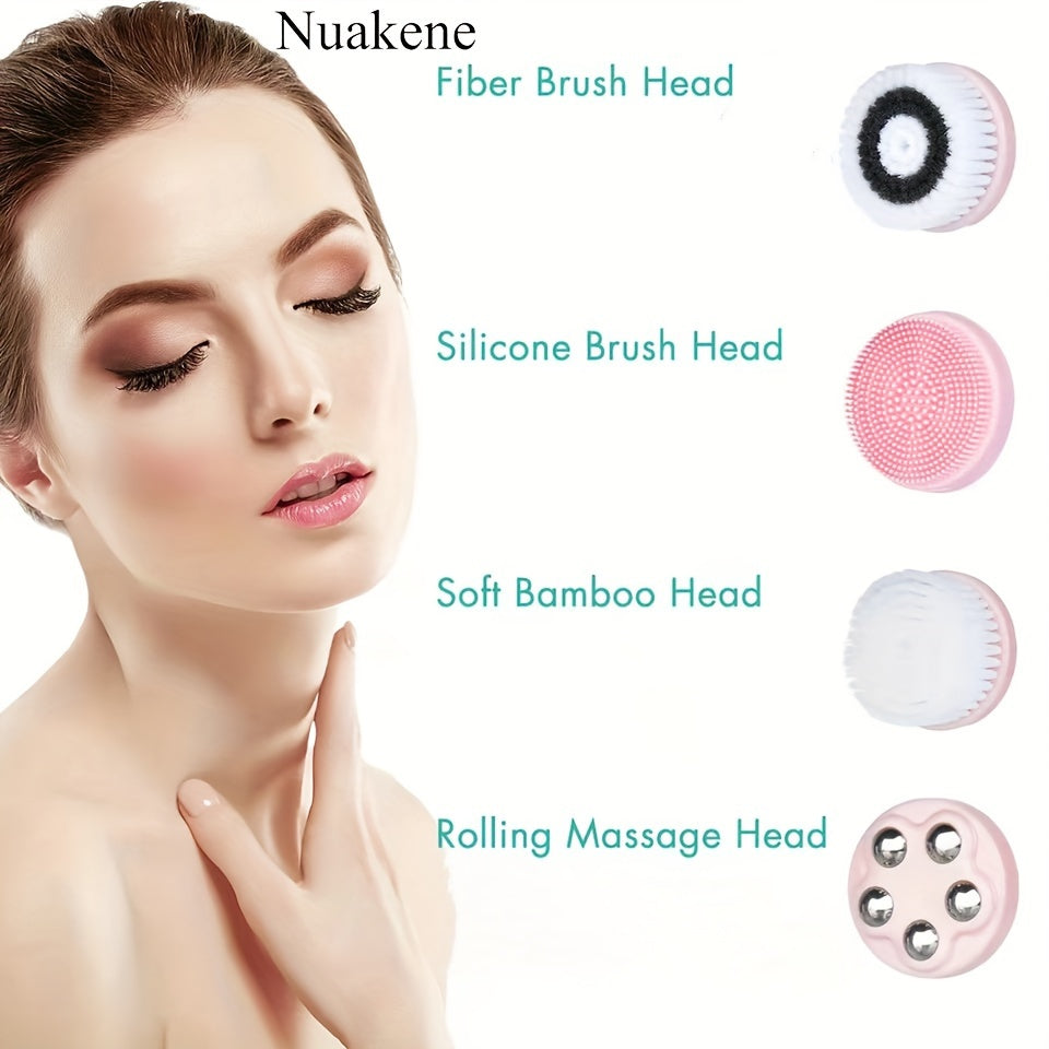 Nuakene 4-in-1 Rechargeable Electric Facial Cleansing Brush - Soft Bristle Brush, Silicone Facial Cleaner, Facial Massager, Rotating Base, Gentle Exfoliator, Deep Cleaning, Holiday Gift for Women luvshop24