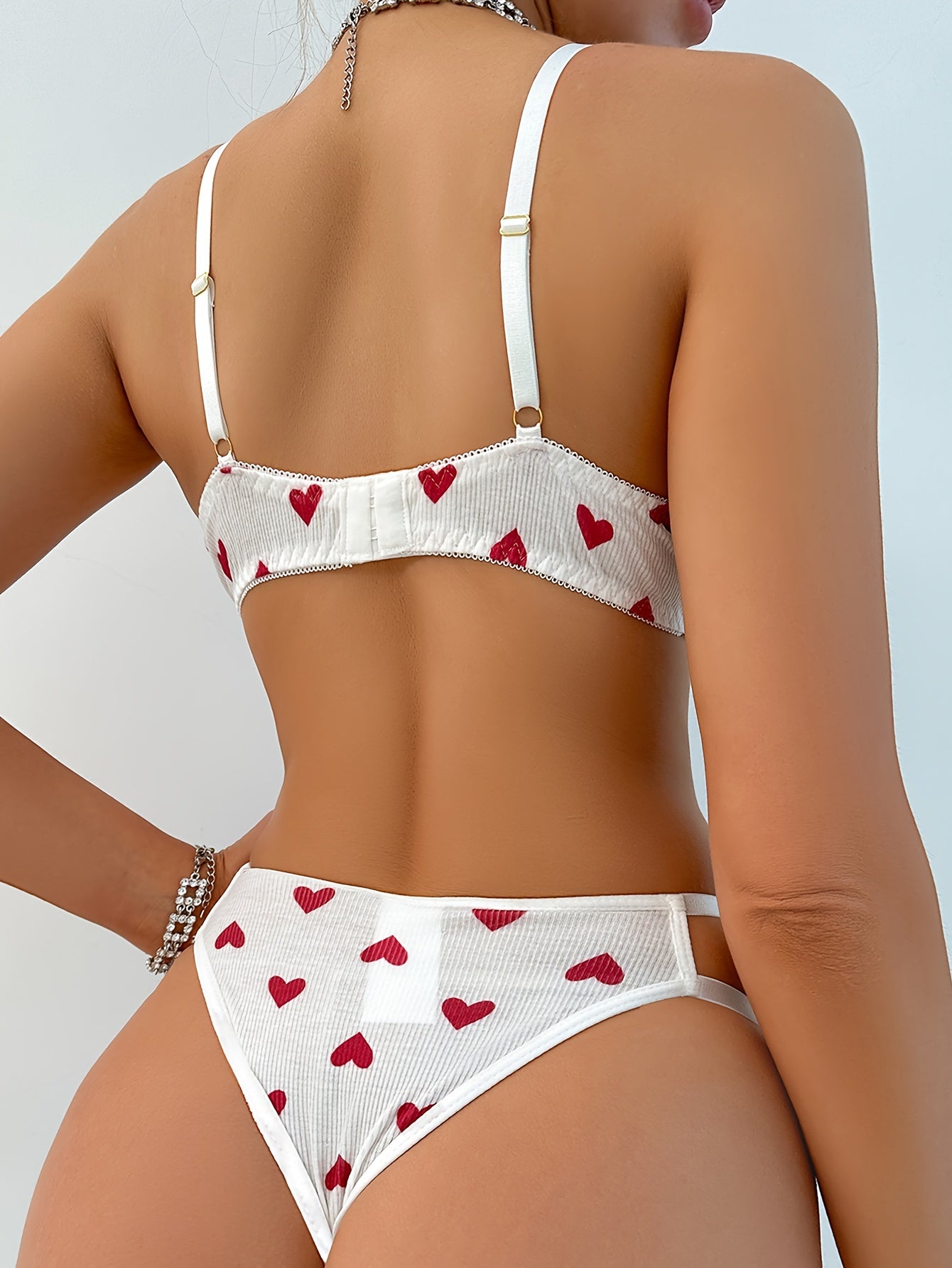 Heart Pattern Spaghetti Straps Lingerie Set, Intimates Bra & Panty, Women's Sexy Erotic Clothing luvshop24