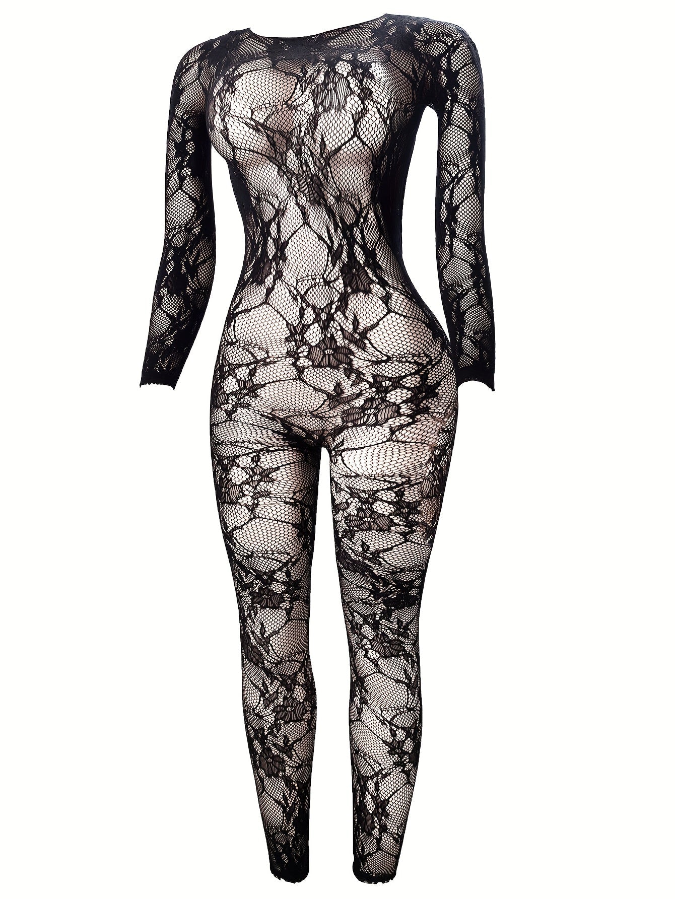 1pc Women'S Sexy Long Sleeve See-Through Bodystocking Jumpsuit - Black Hollow Out Design, Open Crotch Body Stocking for Music Festivals, Christmas & Valentine'S Day Parties, Party Wear|Sexy Jumpsuit|See-Through Bodystocking luvshop24