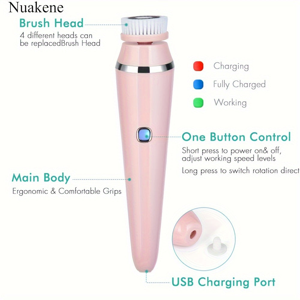 Nuakene 4-in-1 Rechargeable Electric Facial Cleansing Brush - Soft Bristle Brush, Silicone Facial Cleaner, Facial Massager, Rotating Base, Gentle Exfoliator, Deep Cleaning, Holiday Gift for Women luvshop24