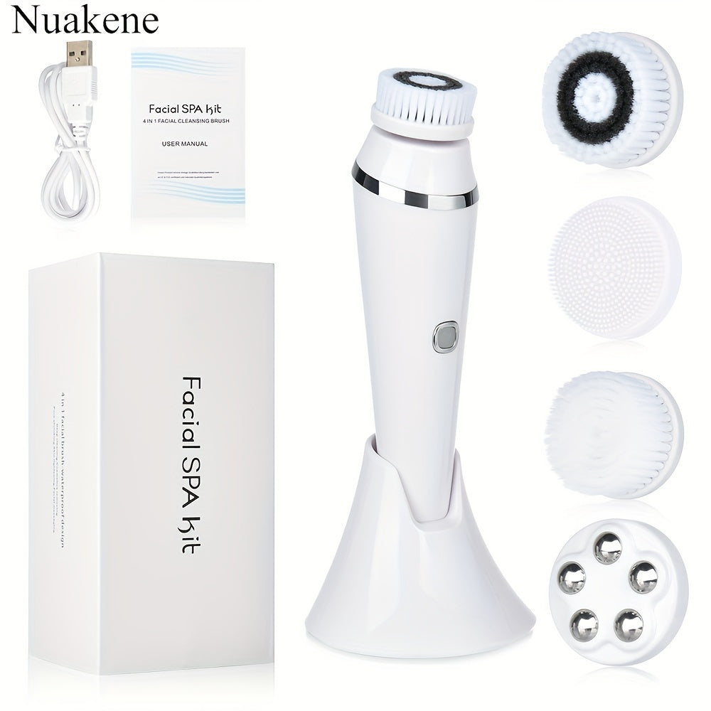 Nuakene 4-in-1 Rechargeable Electric Facial Cleansing Brush - Soft Bristle Brush, Silicone Facial Cleaner, Facial Massager, Rotating Base, Gentle Exfoliator, Deep Cleaning, Holiday Gift for Women luvshop24