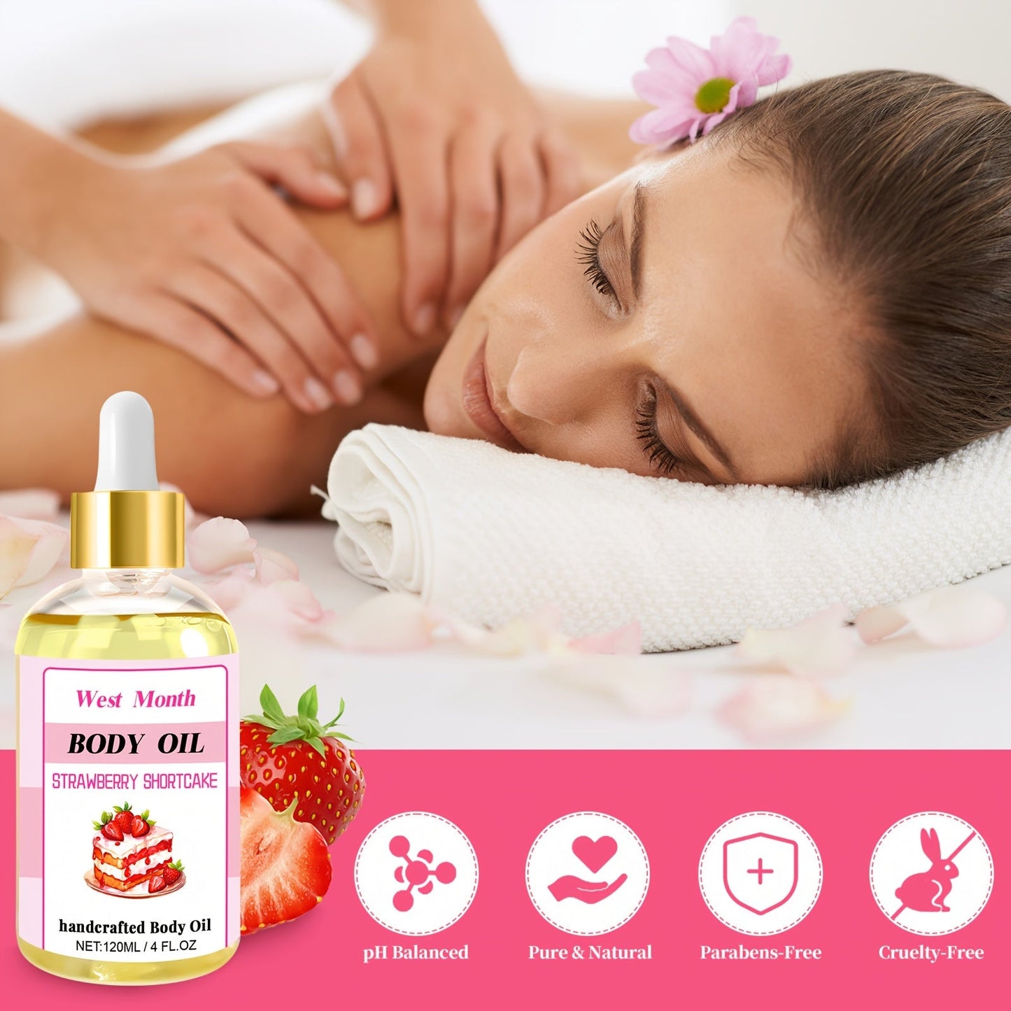 120ml/4.05 Fl.Oz, Body Juice Strawberry Shortcake Scented Massage Oil, With Strawberry Extract, Jojoba, Coconut, Avocado & Olive Oils, Hydrating Body Oil luvshop24