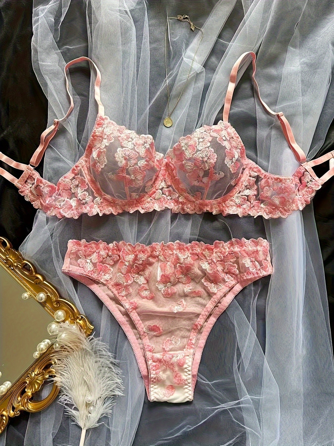 2pcs Sexy Lingerie Autumn Hot Selling French Flower Embroidery Perspective Multi-color Erotic Suit for Women luvshop24