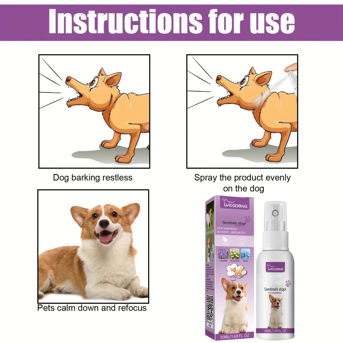 1x Pet Calming Spray 1.69oz - Noise Reduction with Chamomile & Lavender, Soothing Essential Oils for Dogs, Plastic Bottle, Uncharged, Water-Based Formula for Anxiety Relief & Focus Enhancement, Without Battery luvshop24