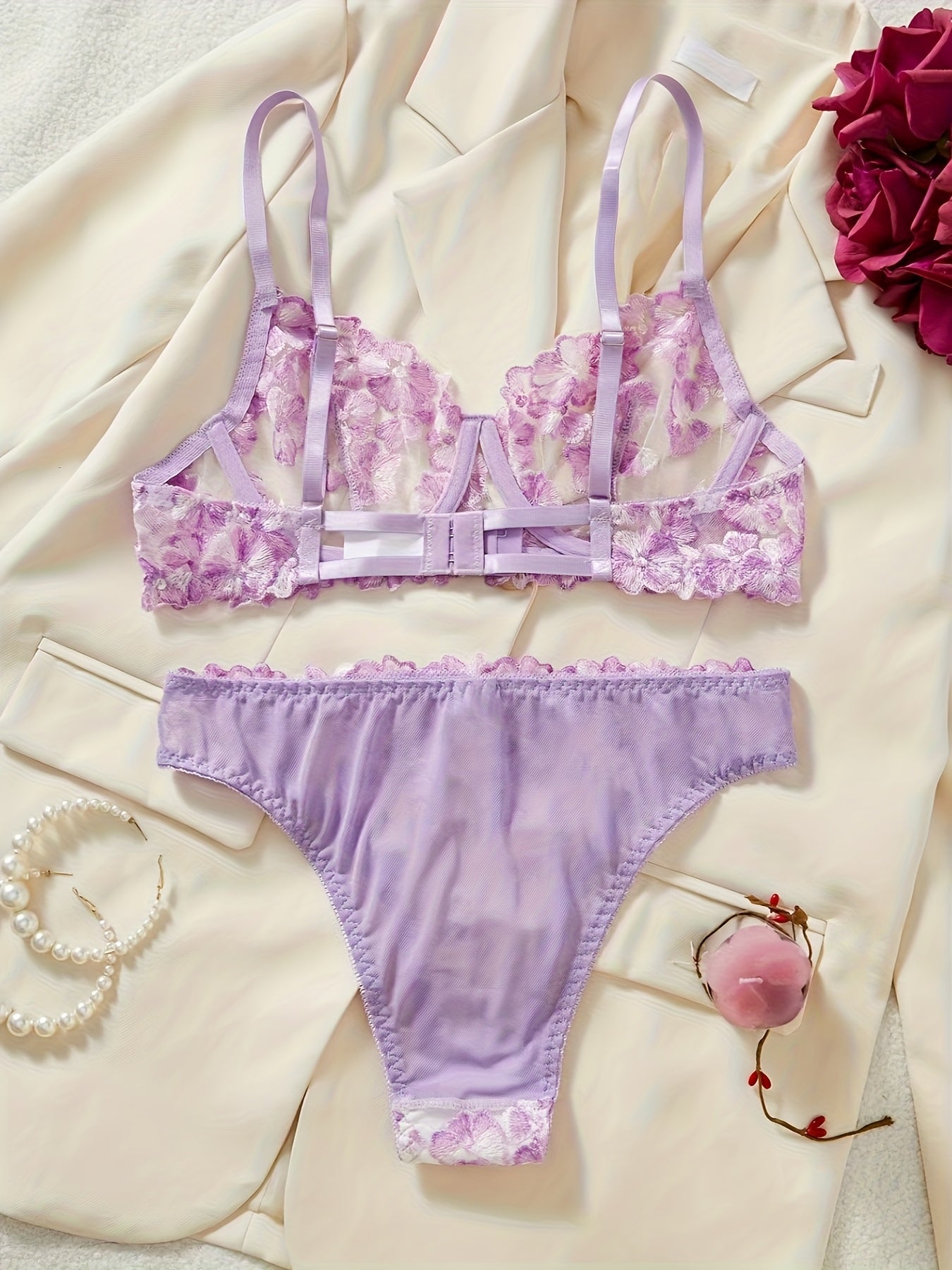 2pcs Sexy Lingerie Autumn Hot Selling French Flower Embroidery Perspective Multi-color Erotic Suit for Women luvshop24