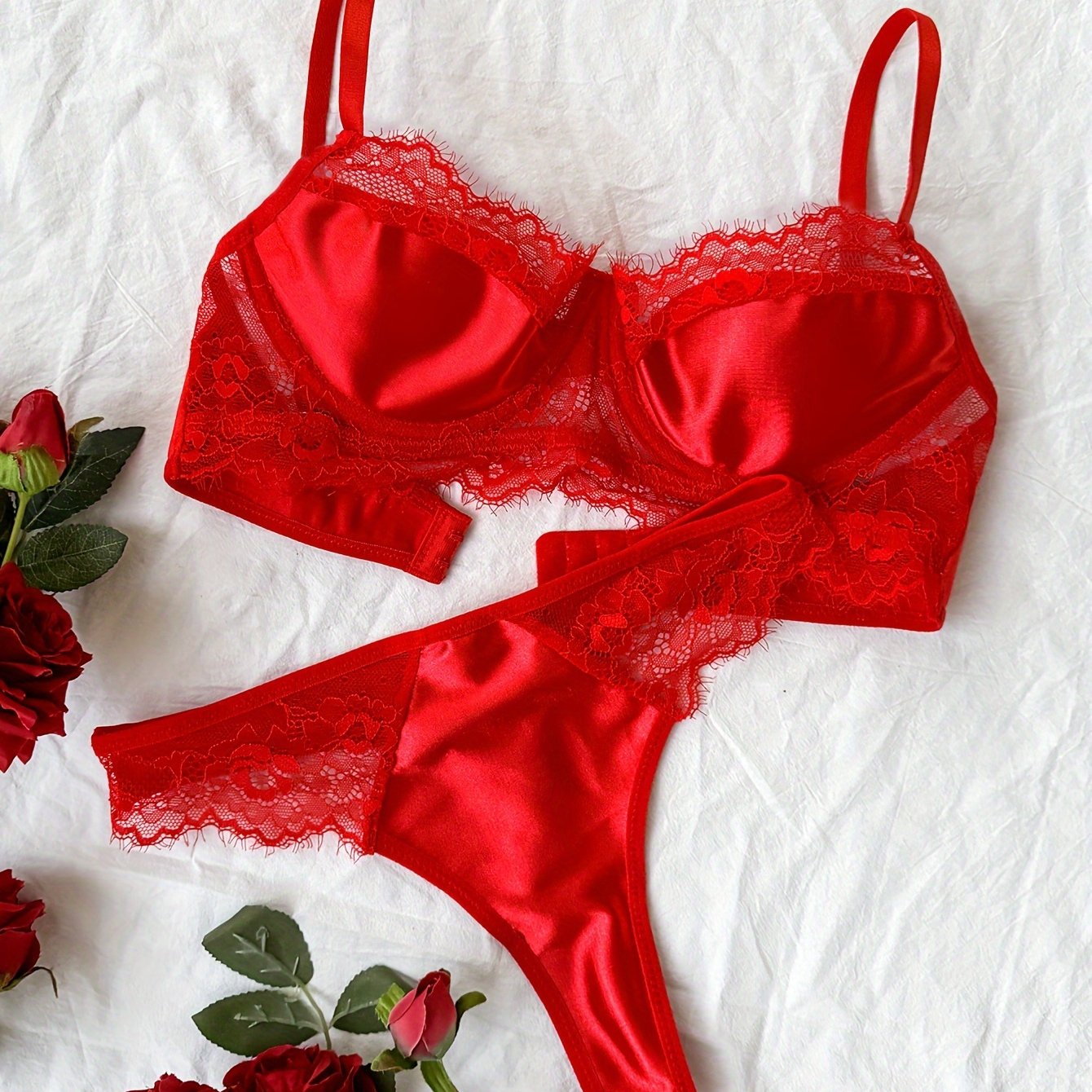 Erotic Contrast Eyelash Lace Bra & Panties, Hot Underwire Bra & Thongs Lingerie Set, Women's Lingerie & Underwear luvshop24