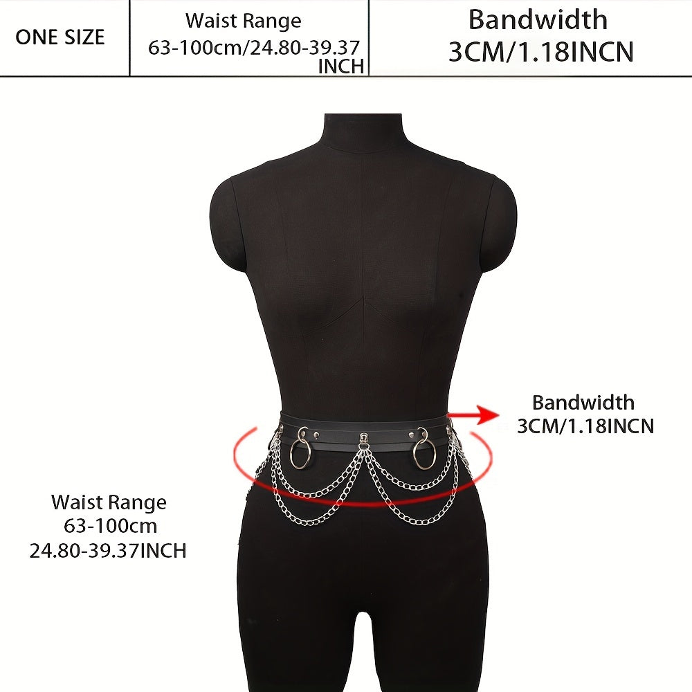 1pc Black PU Leather Chain Ring Decor Gothic Restraints Waist Belt, Punk Adjustable Nightclub Accessories Belt, Sexy Lingerie & Erotic Accessories luvshop24