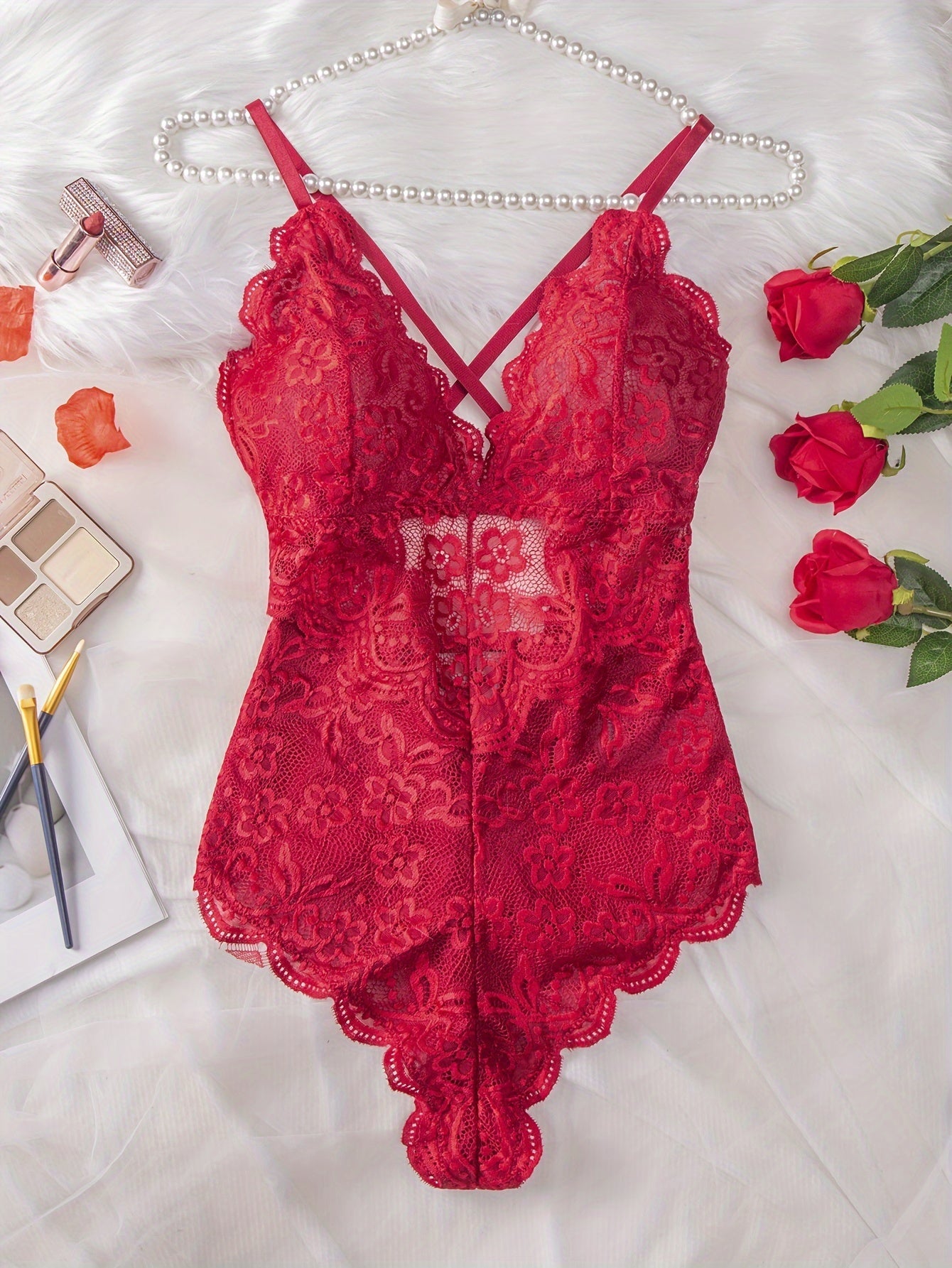 Plus Size Womens Sultry Lace Erotic Bodysuit - Flattering Fit, Delicate Scallop Edge Trim, Seductive Crisscross Strapping, Adjustable Straps, Teddy Style - Romantic Evening Wear luvshop24