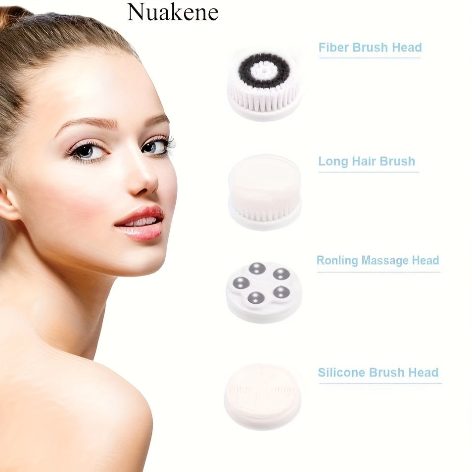Nuakene 4-in-1 Rechargeable Electric Facial Cleansing Brush - Soft Bristle Brush, Silicone Facial Cleaner, Facial Massager, Rotating Base, Gentle Exfoliator, Deep Cleaning, Holiday Gift for Women luvshop24