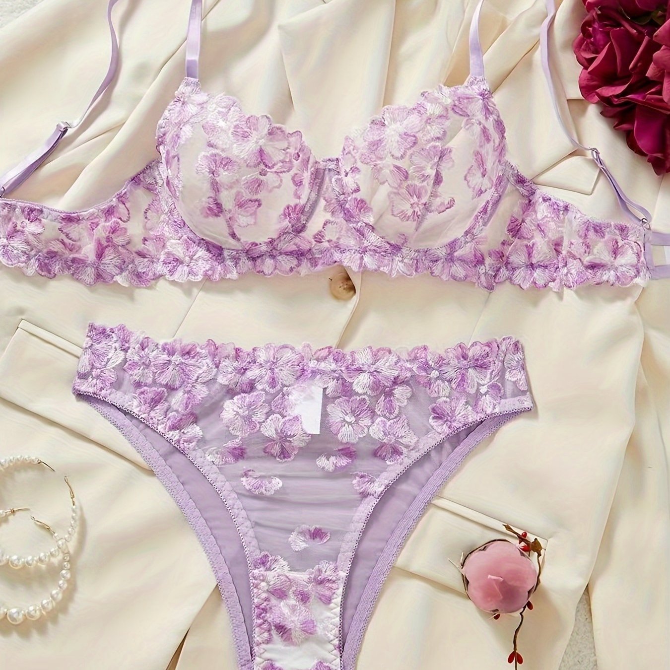 2pcs Sexy Lingerie Autumn Hot Selling French Flower Embroidery Perspective Multi-color Erotic Suit for Women luvshop24