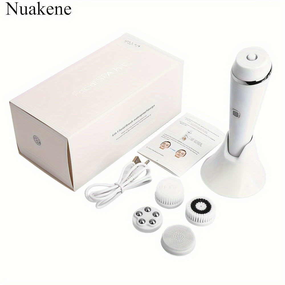 Nuakene 4-in-1 Rechargeable Electric Facial Cleansing Brush - Soft Bristle Brush, Silicone Facial Cleaner, Facial Massager, Rotating Base, Gentle Exfoliator, Deep Cleaning, Holiday Gift for Women luvshop24