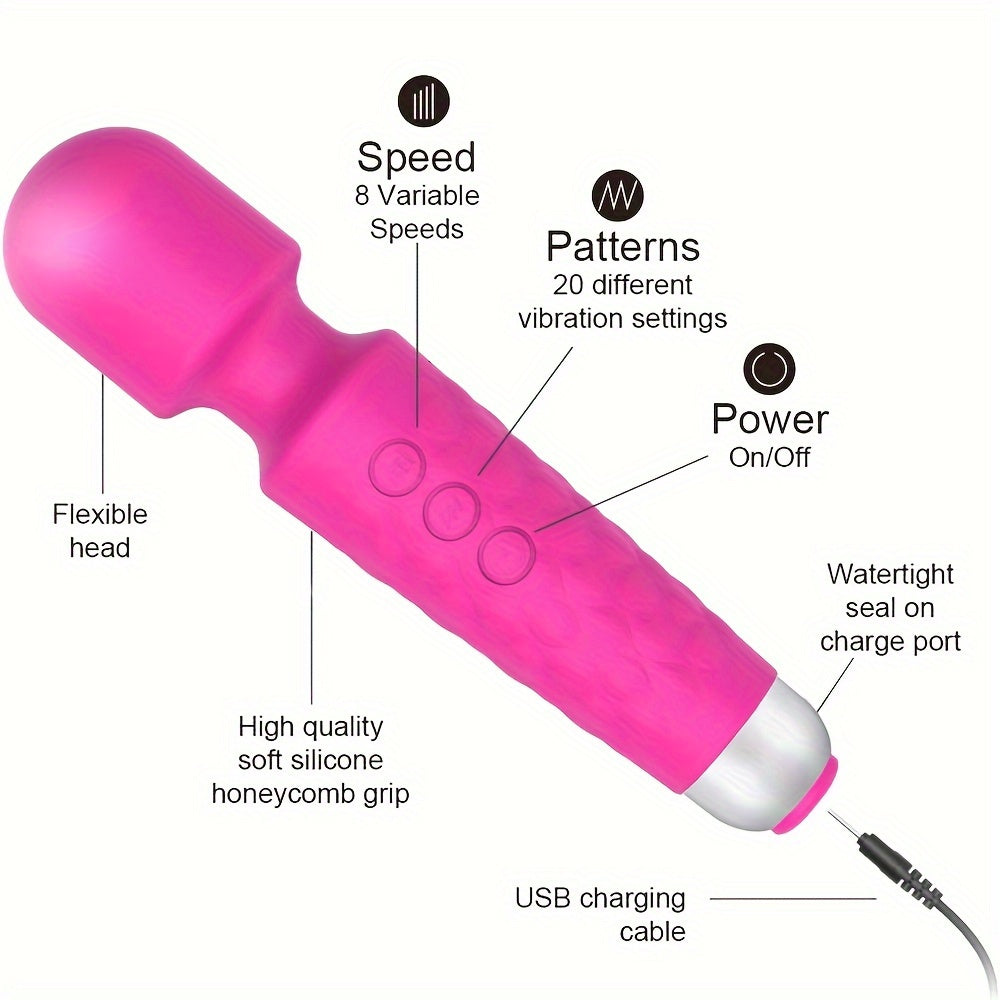 Vibrating Wand Massager - 20 Modes, 8 Speeds, Quiet, Waterproof, USB Rechargeable, Hand-Held, Cordless, Mini, Adult Toy for Her Pleasure, Couples Delight luvshop24