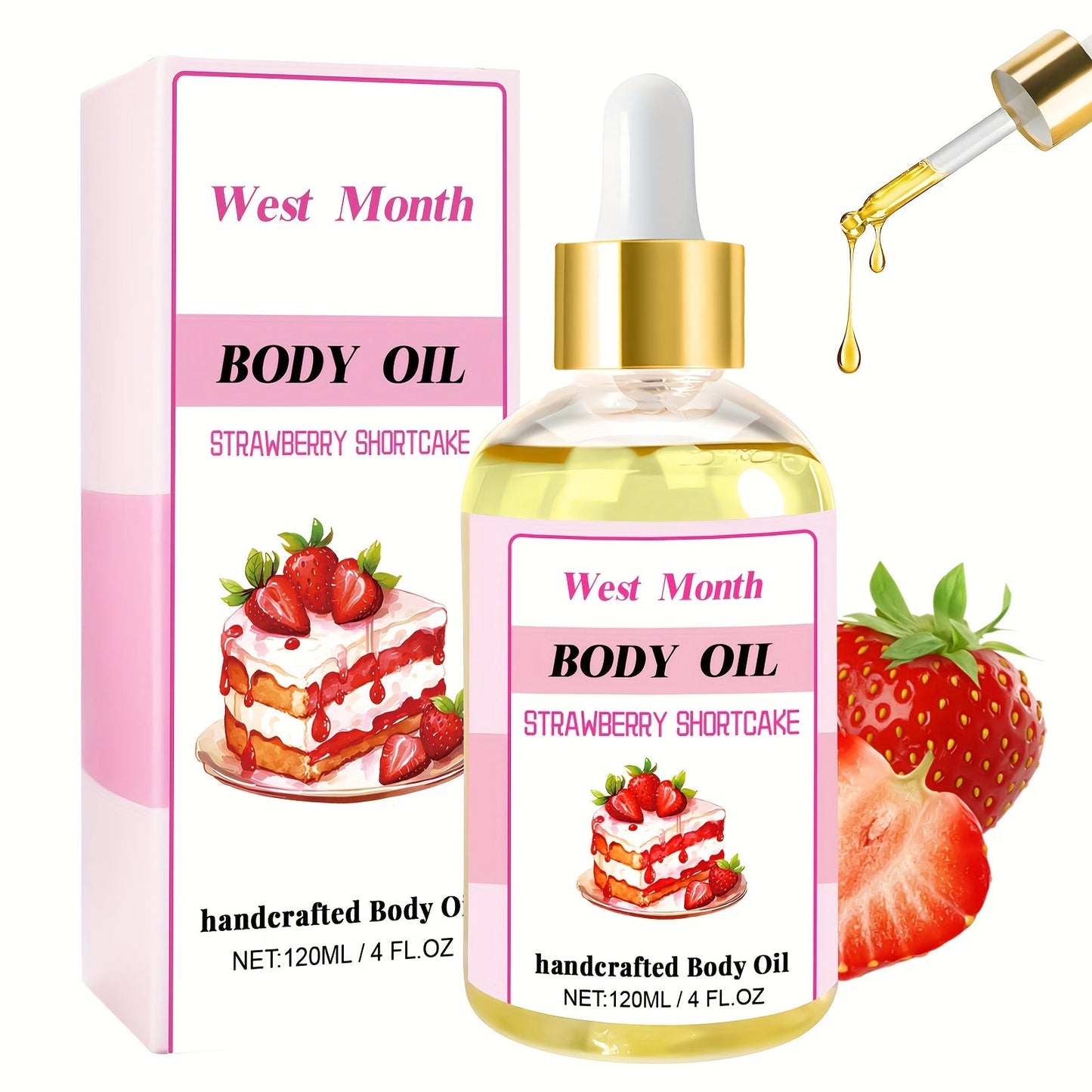 120ml/4.05 Fl.Oz, Body Juice Strawberry Shortcake Scented Massage Oil, With Strawberry Extract, Jojoba, Coconut, Avocado & Olive Oils, Hydrating Body Oil luvshop24