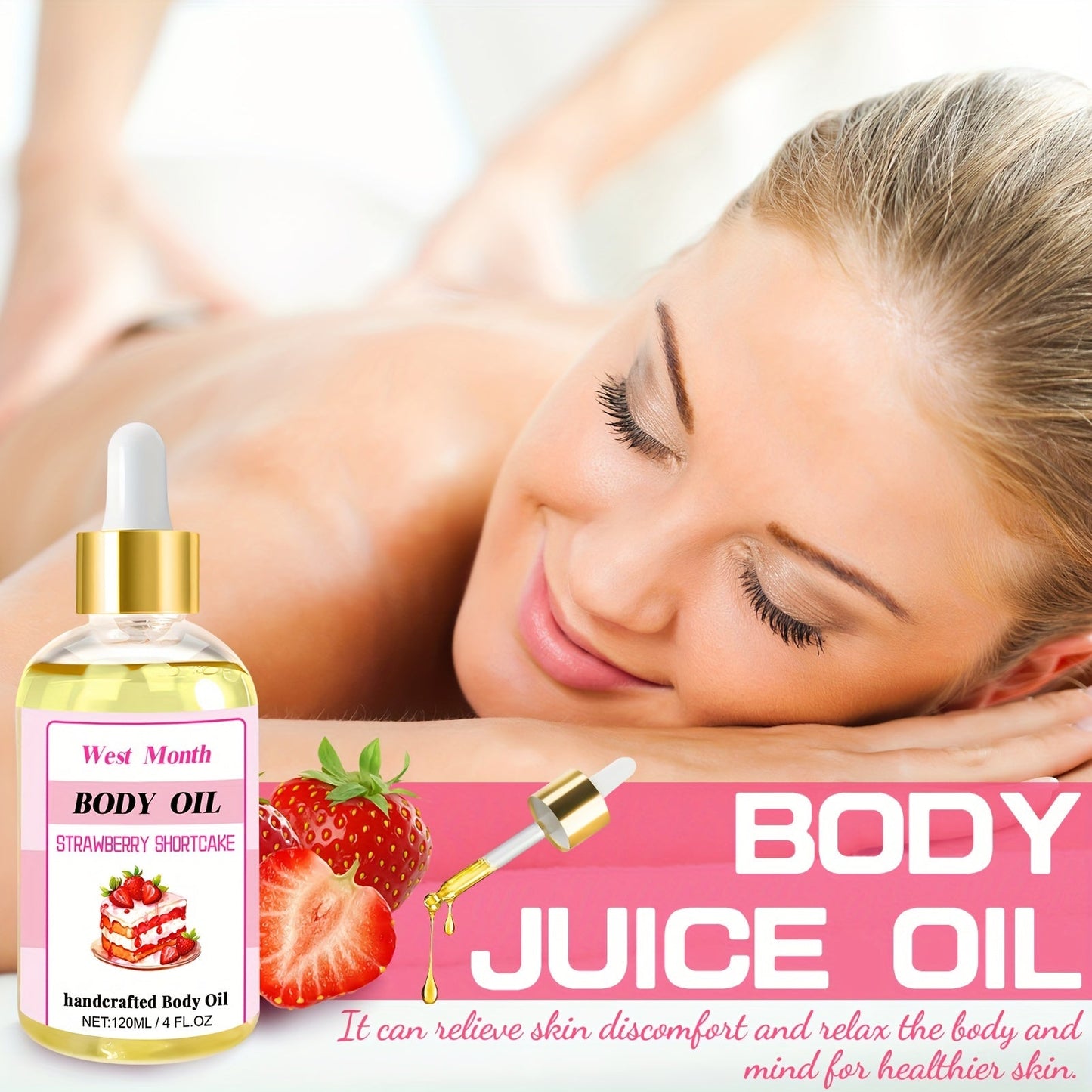 120ml/4.05 Fl.Oz, Body Juice Strawberry Shortcake Scented Massage Oil, With Strawberry Extract, Jojoba, Coconut, Avocado & Olive Oils, Hydrating Body Oil luvshop24