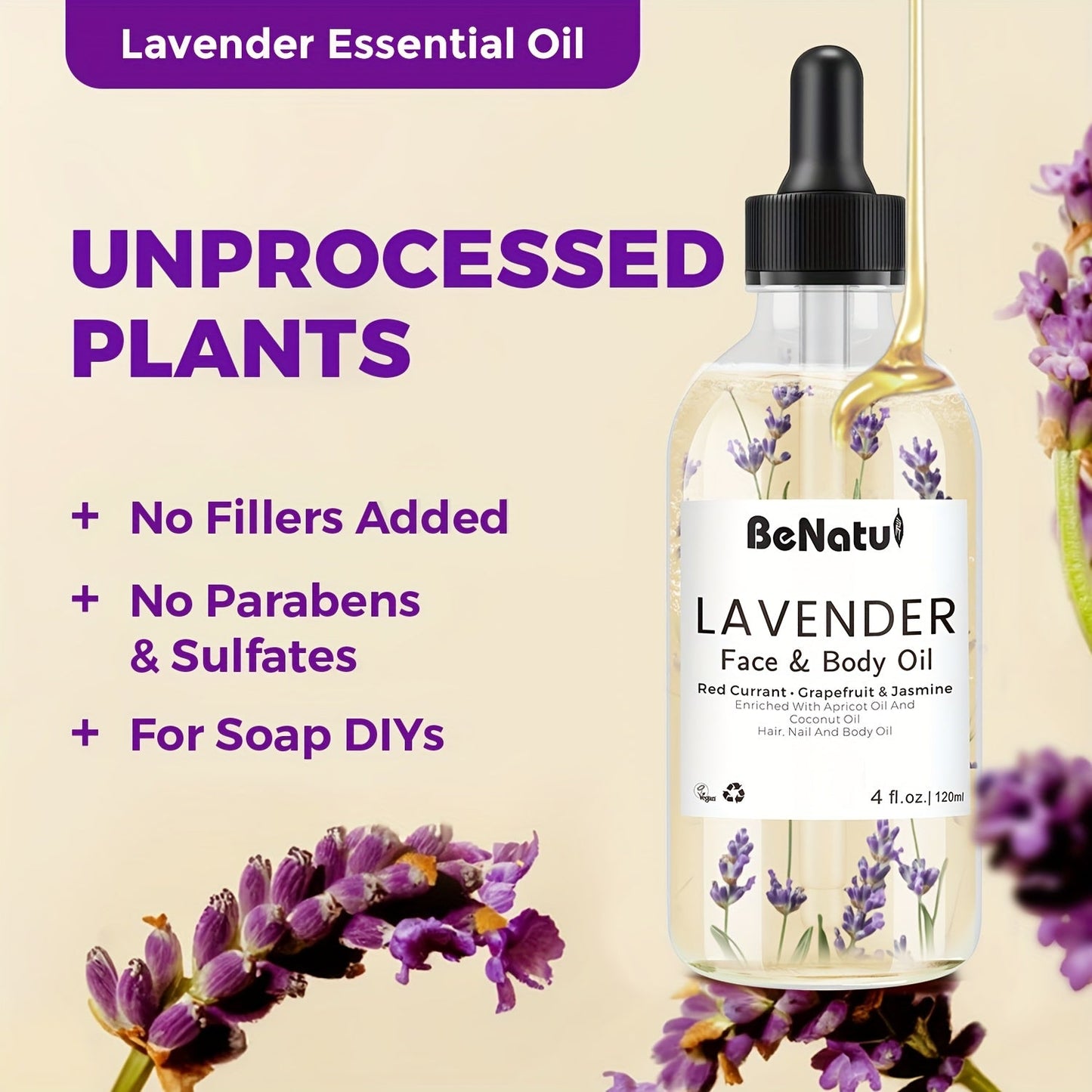 BeNatu 1 Bottle Body Massage Oil Lavender Body Oil -4.06 oz Lavender Body Oil - Moisturizing Skin Essential Oil - Contains Lavender Extract, Olive Oil - All Light Beige Types luvshop24