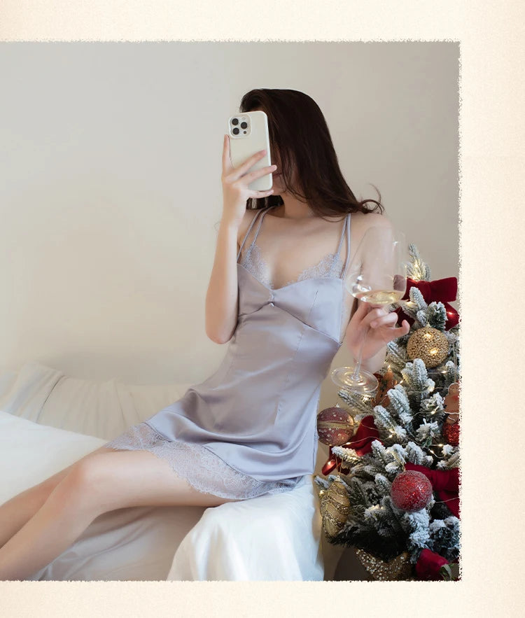 Lace Night Sleepdress Women Cross Strap Halter Nightgown V-Neck Sexy Nightdress Female Satin Sling Sleepwear Beautyback Nightie luvshop24