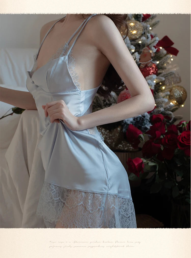 Lace Night Sleepdress Women Cross Strap Halter Nightgown V-Neck Sexy Nightdress Female Satin Sling Sleepwear Beautyback Nightie luvshop24