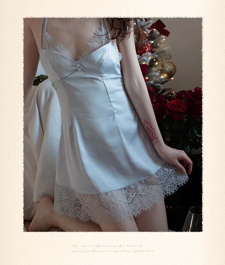 Lace Night Sleepdress Women Cross Strap Halter Nightgown V-Neck Sexy Nightdress Female Satin Sling Sleepwear Beautyback Nightie luvshop24