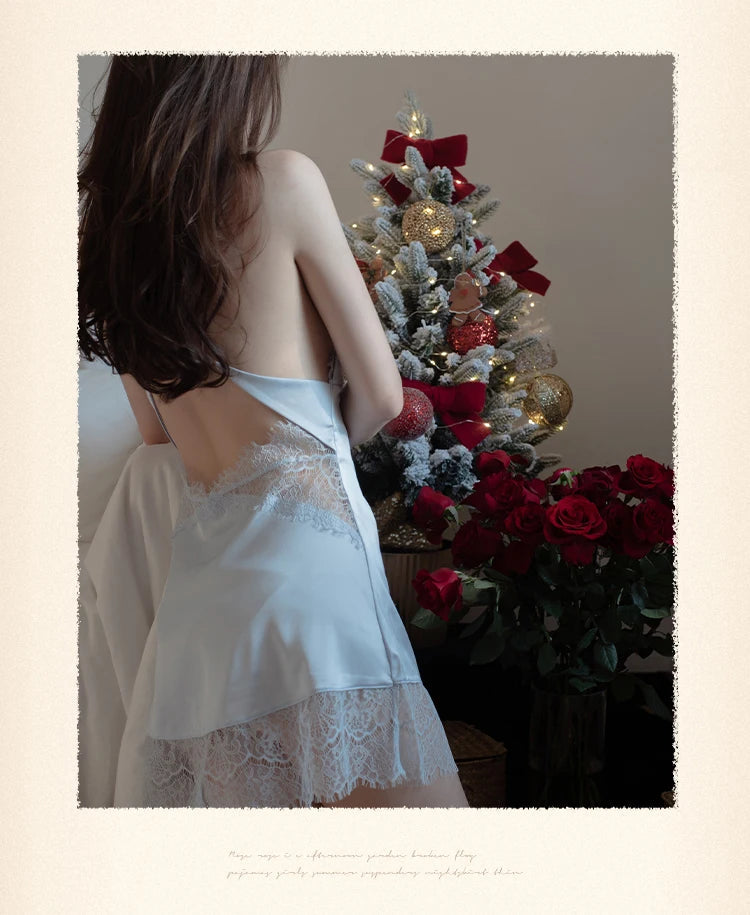 Lace Night Sleepdress Women Cross Strap Halter Nightgown V-Neck Sexy Nightdress Female Satin Sling Sleepwear Beautyback Nightie luvshop24