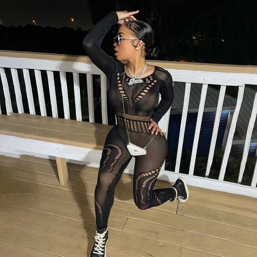 Fall 2023 Designer Outfits Long Sleeve See Through Bodycon Jumpsuit Sexy Jumpsuits Ladies Jumpsuits Body Stocking luvshop24