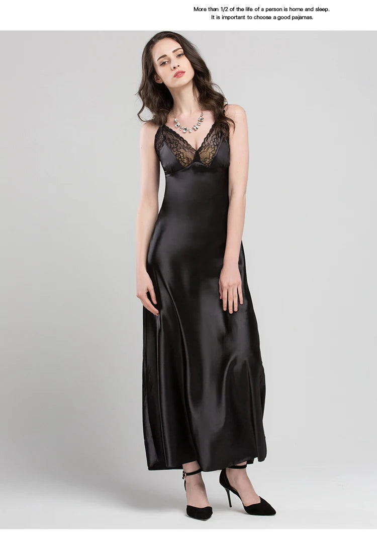 Lace Sexy Sling Sleeping Dress Satin Silk Sleepwear Women Faux Silk Long Bathrobes Female Sleeveless V-Neck Nightgowns C1618 luvshop24