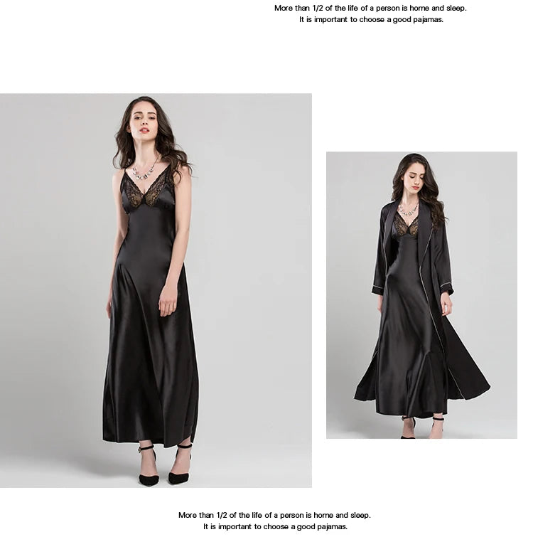 Lace Sexy Sling Sleeping Dress Satin Silk Sleepwear Women Faux Silk Long Bathrobes Female Sleeveless V-Neck Nightgowns C1618 luvshop24