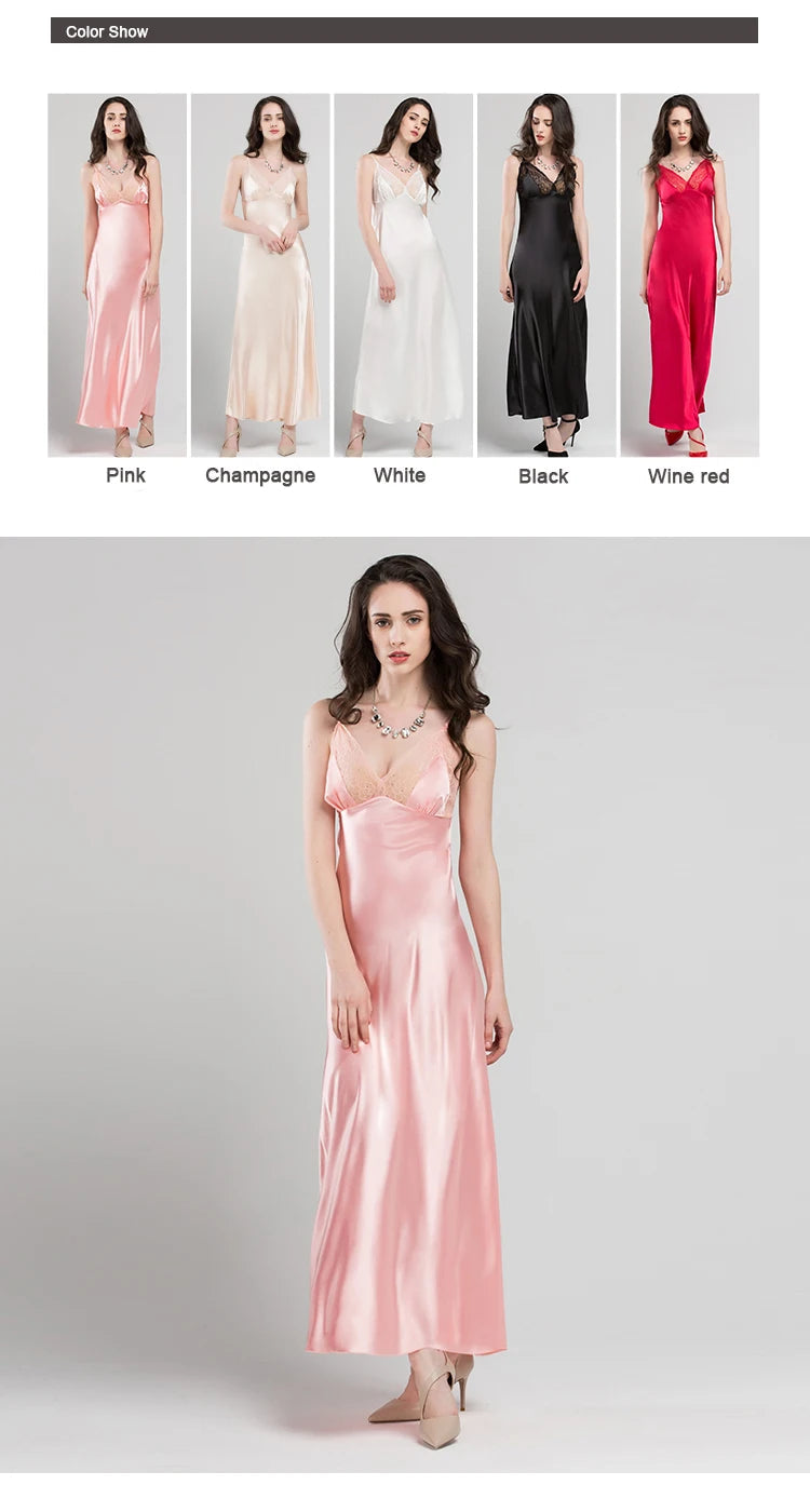 Lace Sexy Sling Sleeping Dress Satin Silk Sleepwear Women Faux Silk Long Bathrobes Female Sleeveless V-Neck Nightgowns C1618 luvshop24