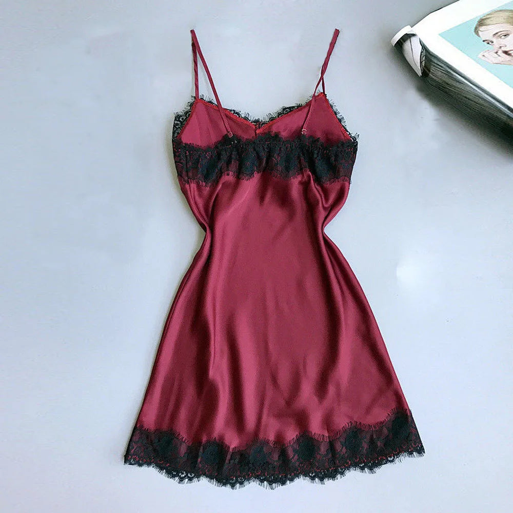 Womens Lace Pajamas Sexy Ice Silk Lotus Leaf Pendulum Sleepwear V-Neck Cami Nightdress Home Nightwear Exotic Lingerie Costumes luvshop24