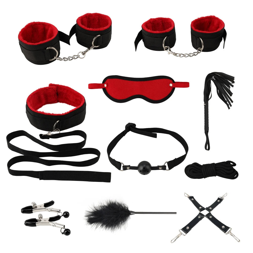 10 Pcs/set Products Erotic Adults Games Bdsm Bondage Set Handcuffs Nipple Clamps Gag Whip Rope Toys for Couples luvshop24