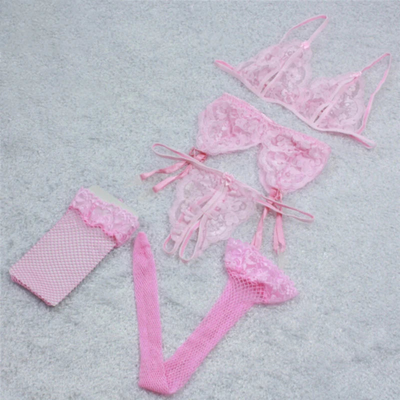 Lace Women Lingerie Set 4 Pcs Sling Open Bra Sexy Wiht Garter Panties Push Up Bra Set Erotic Transparent Underwear Net Stockings luvshop24
