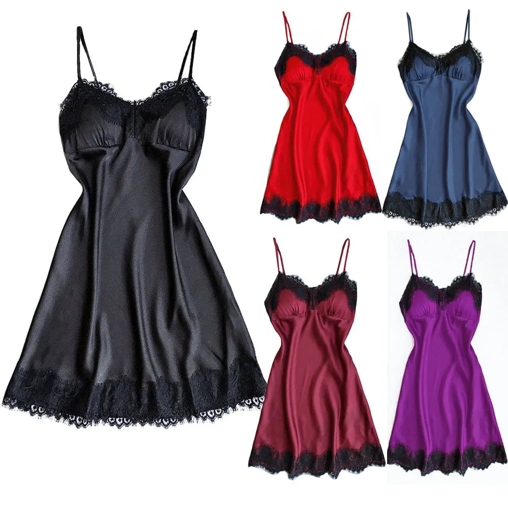 Womens Lace Pajamas Sexy Ice Silk Lotus Leaf Pendulum Sleepwear V-Neck Cami Nightdress Home Nightwear Exotic Lingerie Costumes luvshop24