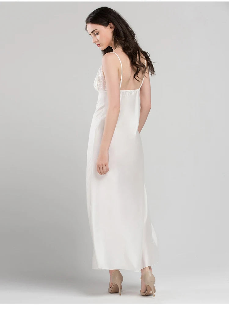 Lace Sexy Sling Sleeping Dress Satin Silk Sleepwear Women Faux Silk Long Bathrobes Female Sleeveless V-Neck Nightgowns C1618 luvshop24