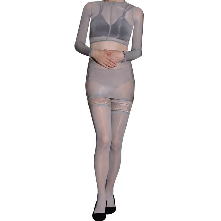 2022 Hot Sell Sexy Woman 3 Piece Long Sleeve Skirt See Through Nightclub Wear Tops Sexy Stockings Lingerie Set luvshop24
