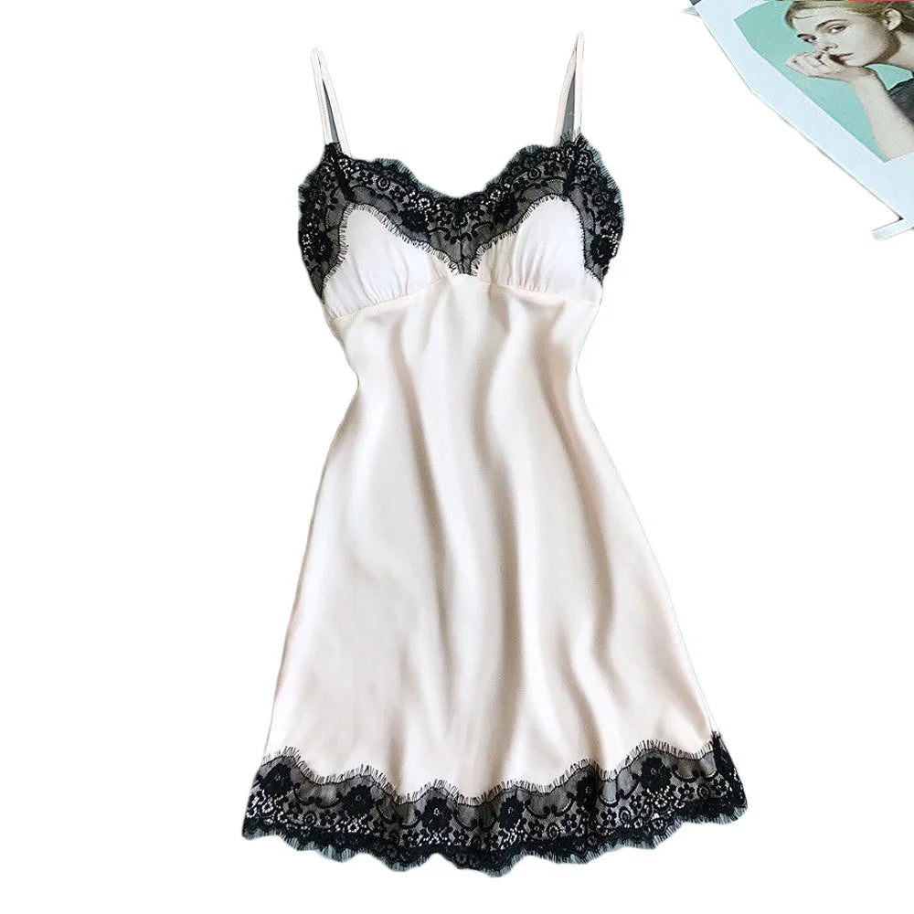 Womens Lace Pajamas Sexy Ice Silk Lotus Leaf Pendulum Sleepwear V-Neck Cami Nightdress Home Nightwear Exotic Lingerie Costumes luvshop24