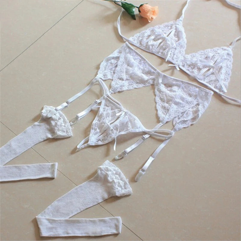 Lace Women Lingerie Set 4 Pcs Sling Open Bra Sexy Wiht Garter Panties Push Up Bra Set Erotic Transparent Underwear Net Stockings luvshop24