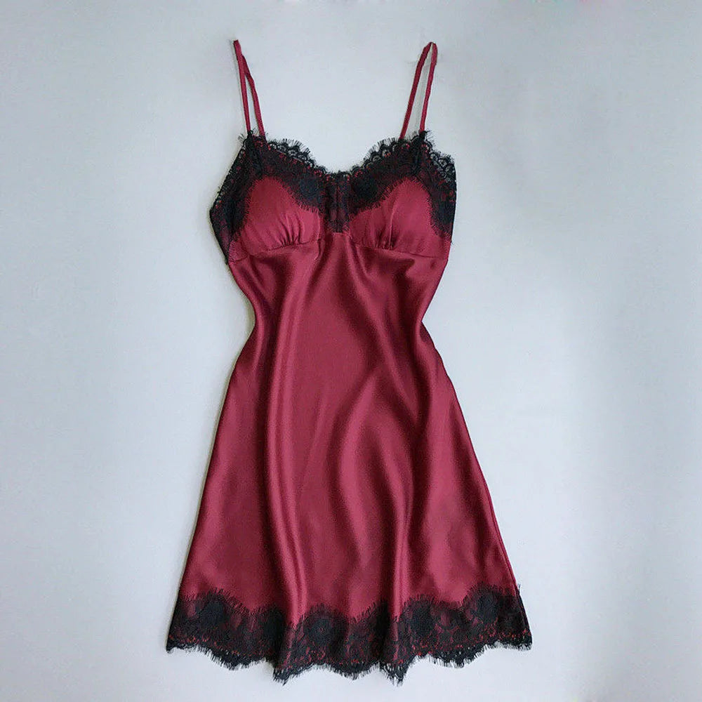 Womens Lace Pajamas Sexy Ice Silk Lotus Leaf Pendulum Sleepwear V-Neck Cami Nightdress Home Nightwear Exotic Lingerie Costumes luvshop24