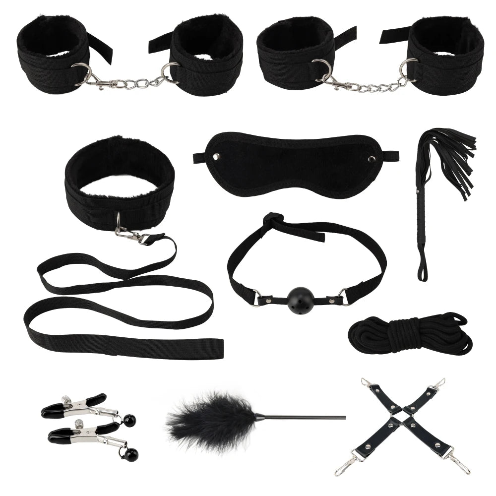 10 Pcs/set Products Erotic Adults Games Bdsm Bondage Set Handcuffs Nipple Clamps Gag Whip Rope Toys for Couples luvshop24