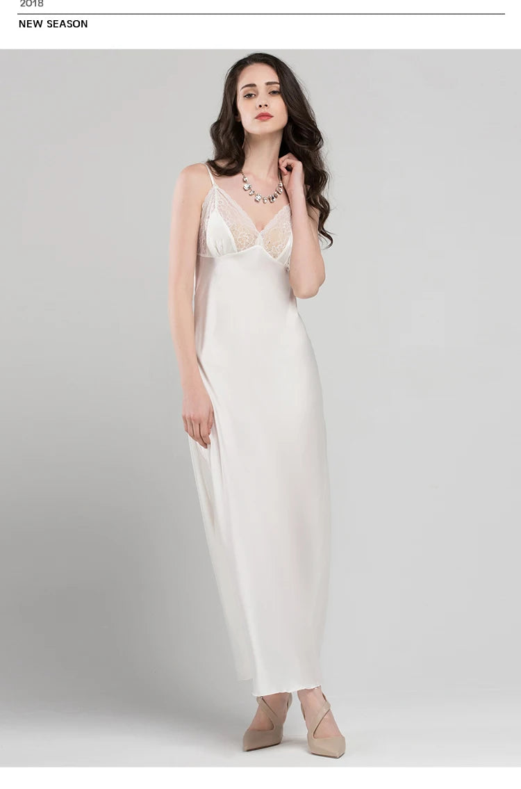 Lace Sexy Sling Sleeping Dress Satin Silk Sleepwear Women Faux Silk Long Bathrobes Female Sleeveless V-Neck Nightgowns C1618 luvshop24