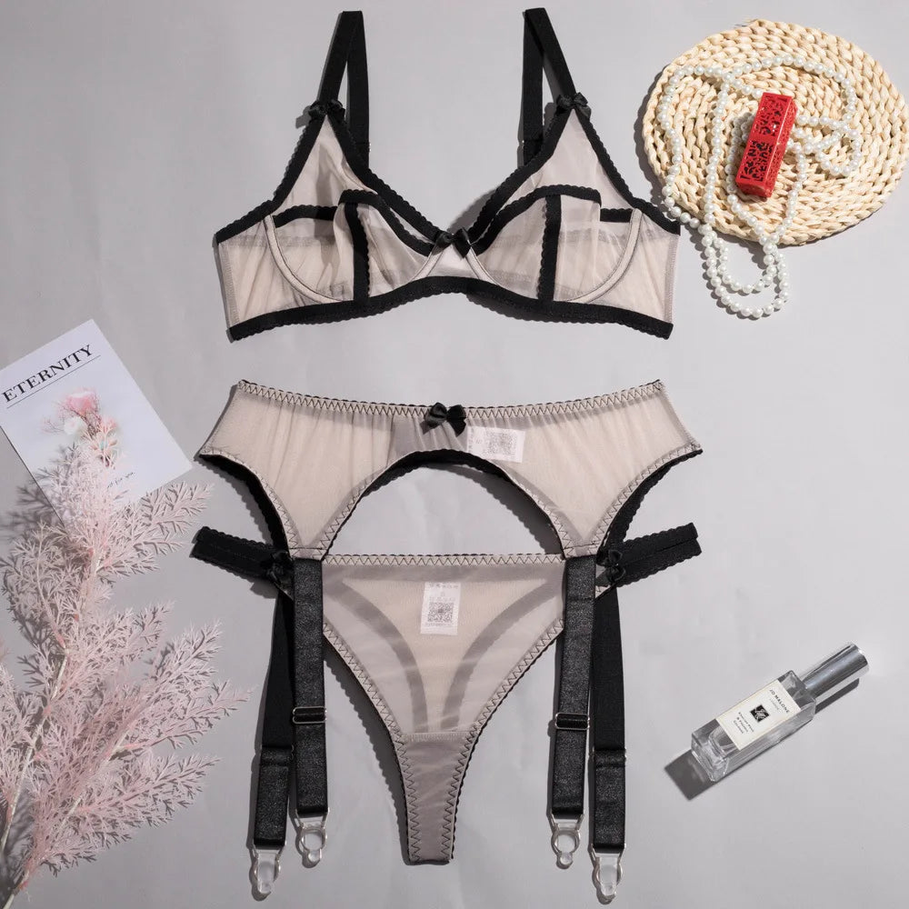Womens Sexy Lingerie Set Solid Lace Bandage Harness Belt Brassiere Thong Transparent Erotic Underwear Set Mujer Sexi 1455 luvshop24