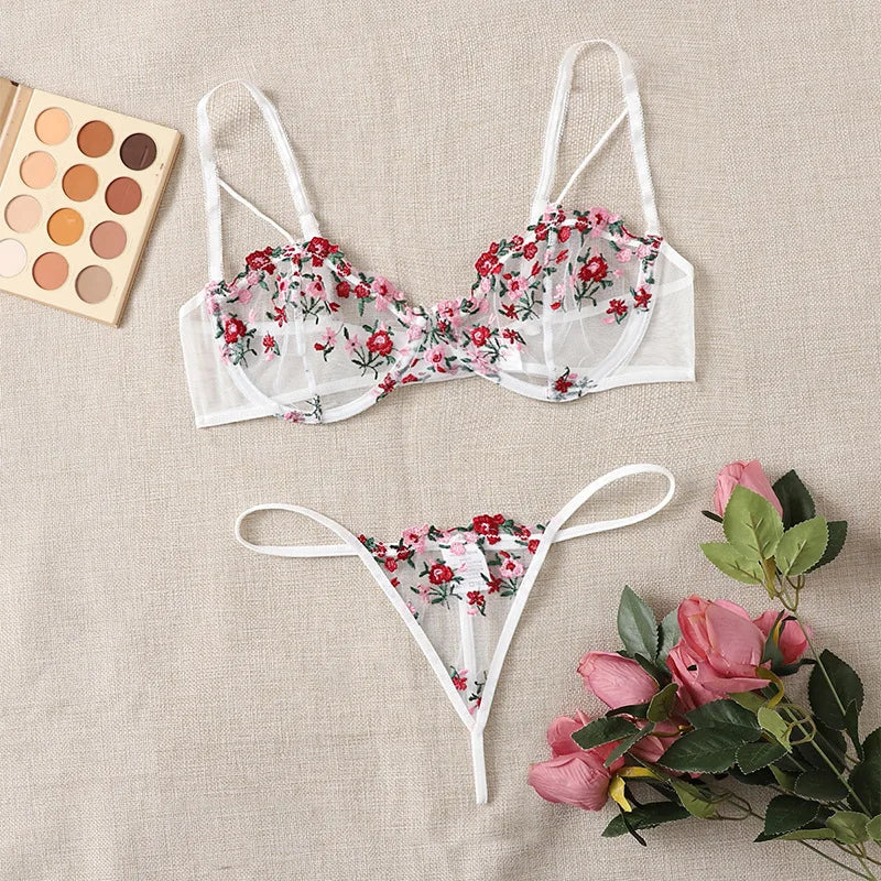 2023 New Adult Women Sexy Lingerie Mature Lady Lace See Through Lingerie 2 Pc Hot Balconette Bra Underwear and Panties Set luvshop24
