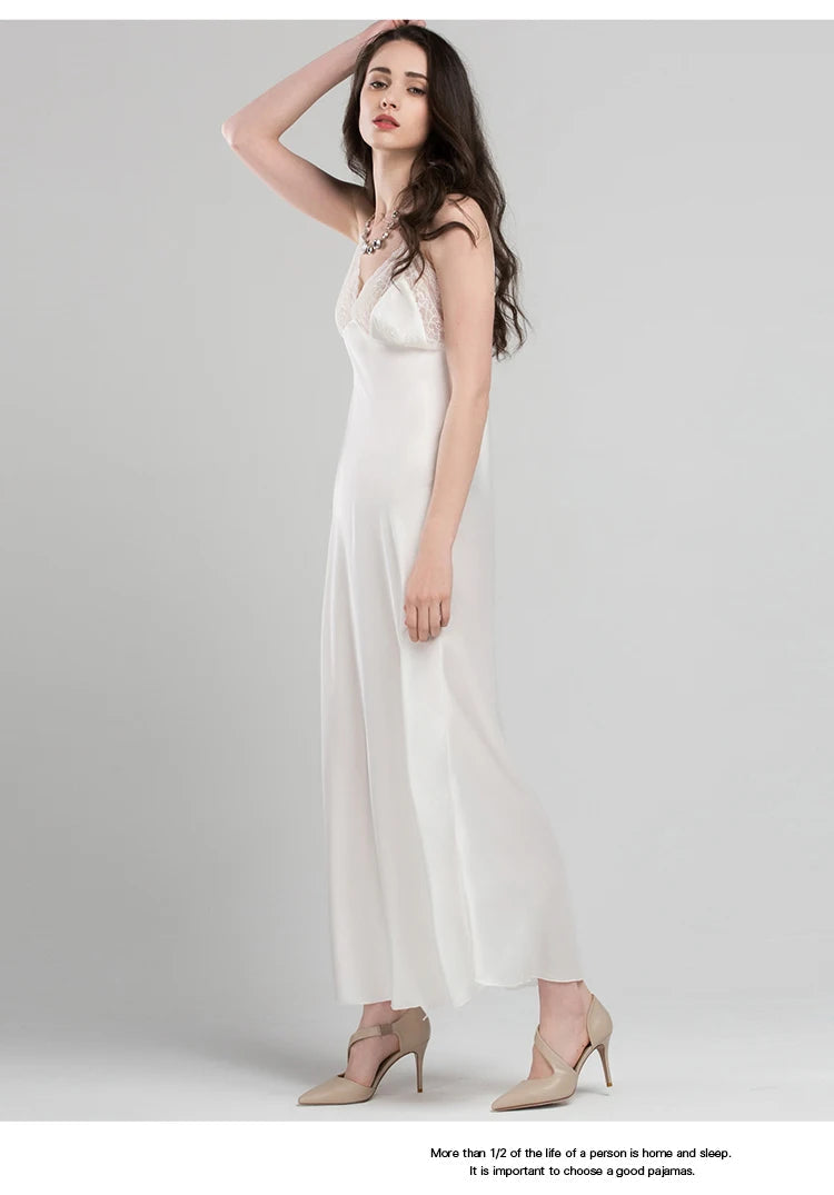 Lace Sexy Sling Sleeping Dress Satin Silk Sleepwear Women Faux Silk Long Bathrobes Female Sleeveless V-Neck Nightgowns C1618 luvshop24